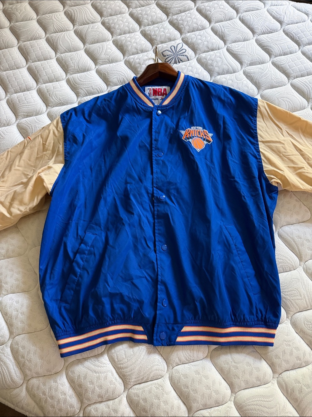 Reebok Blue and Cream Knicks Varsity Bomber Jacket